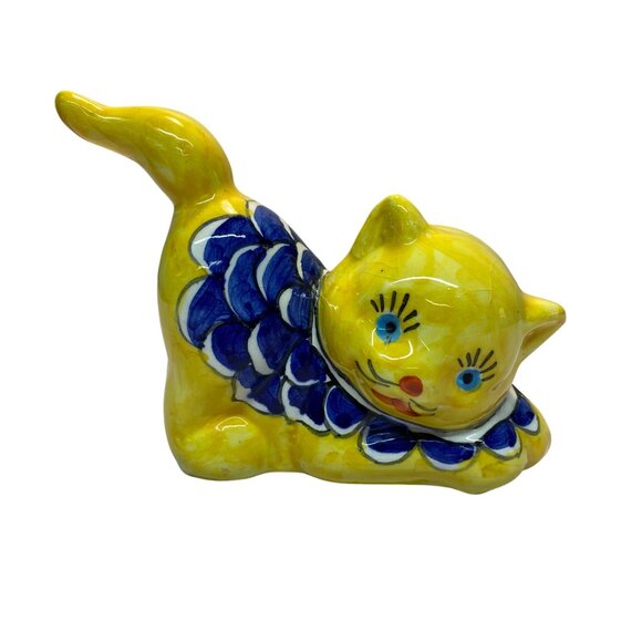 Handcrafted Ceramic Cat Figurine Yellow & Blue Orvieto 2000 Italian Artisan Art - Picture 1 of 8